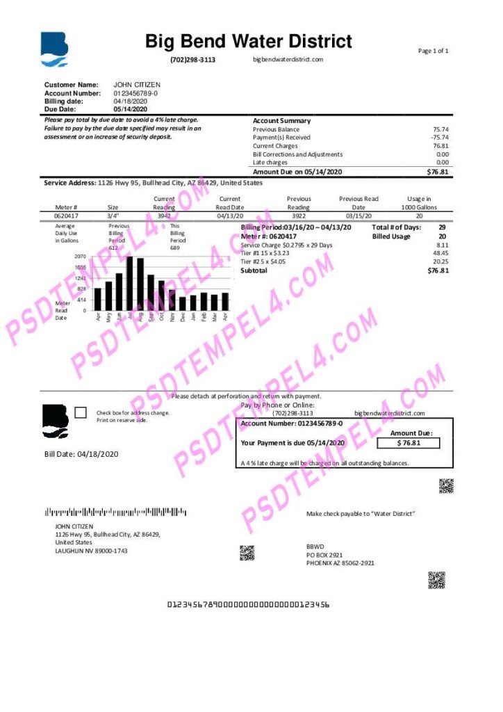 USA Nevada Big Bend Water District utility bill