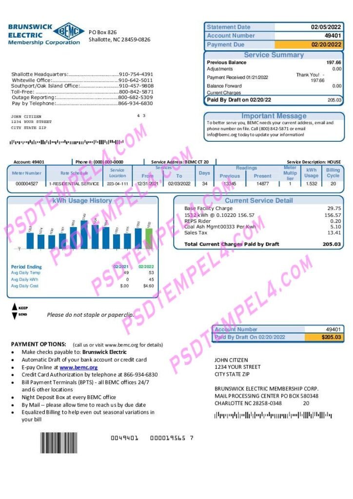 USA North Carolina Brunswick Electric utility bill