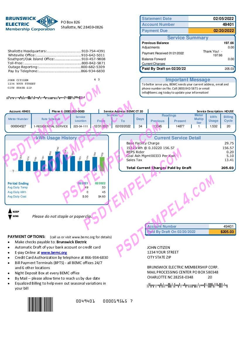 USA North Carolina Brunswick Electric utility bill