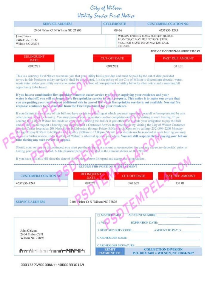 USA North Carolina City of Wilson utility bill