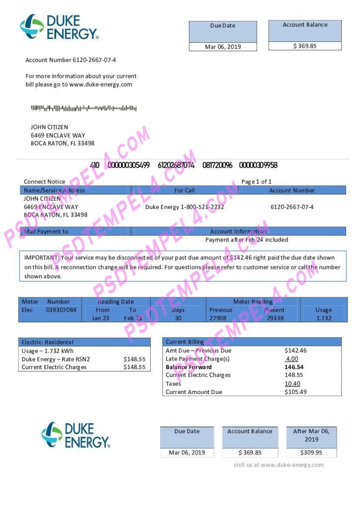 USA North Carolina Duke Energy utility bill