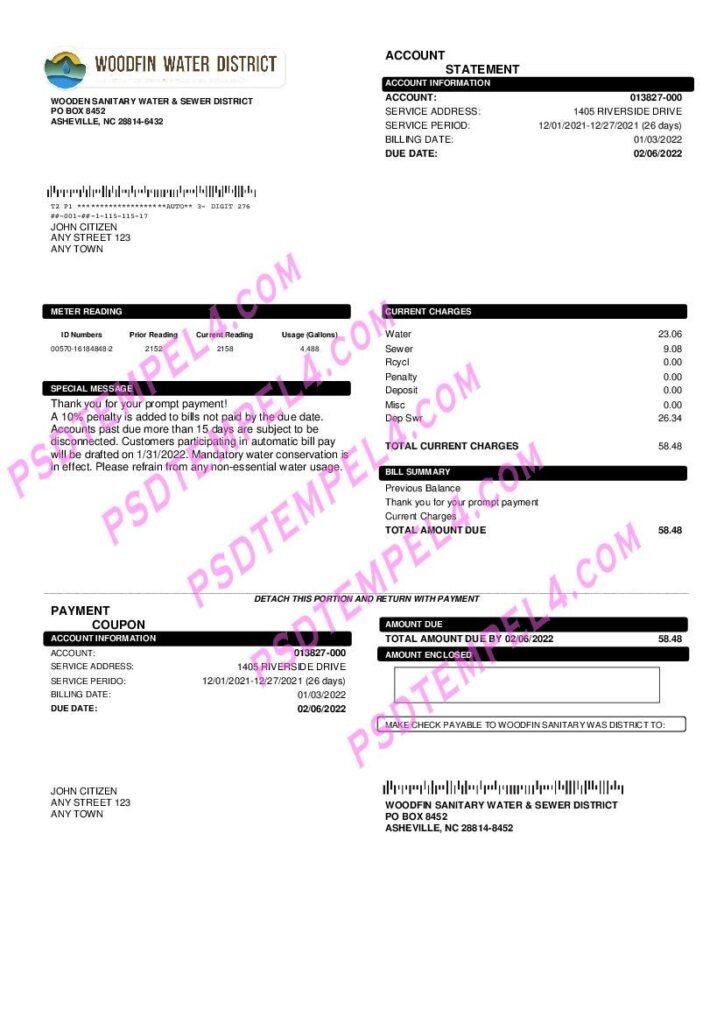 USA North Carolina Woodfin Sanitary Water & Sewer District utility bill