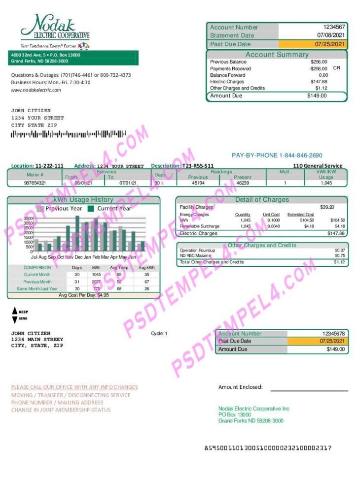 USA North Dakota Nodak Electric Cooperative utility bill