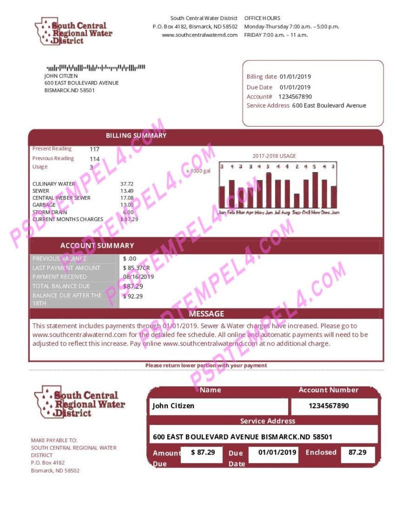USA North Dakota South Central Regional Water District utility bill