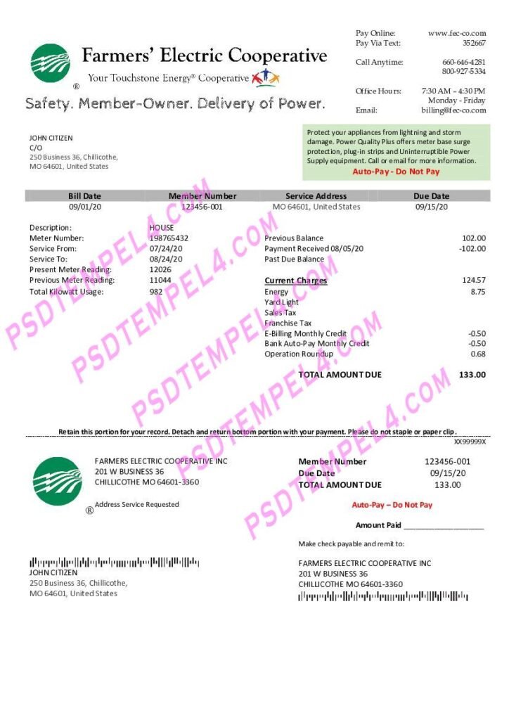 USA Ohio Farmers Electric Cooperative utility bill V2