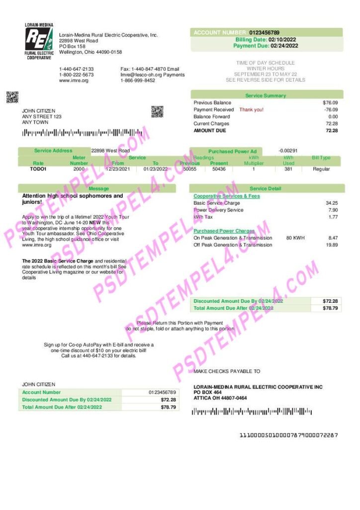 USA Ohio Lorain-Medina Rural Electric utility bill