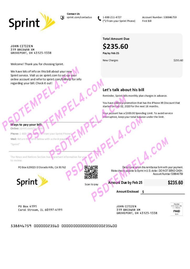 USA Sprint (T-Mobile) utility bill