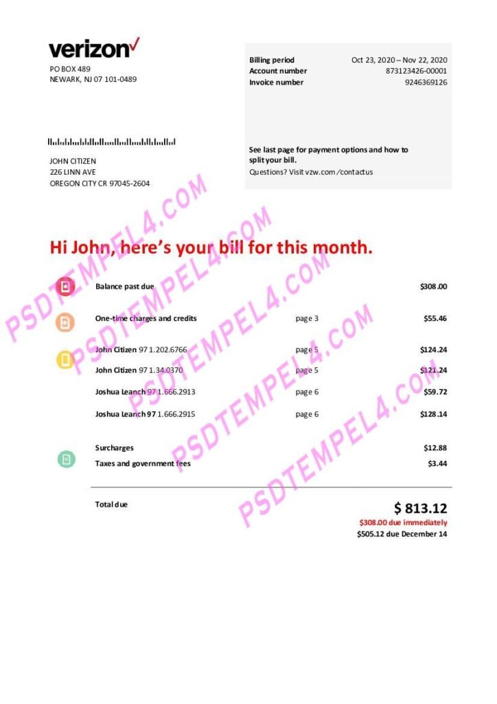 USA Verizon telecommunications utility bill