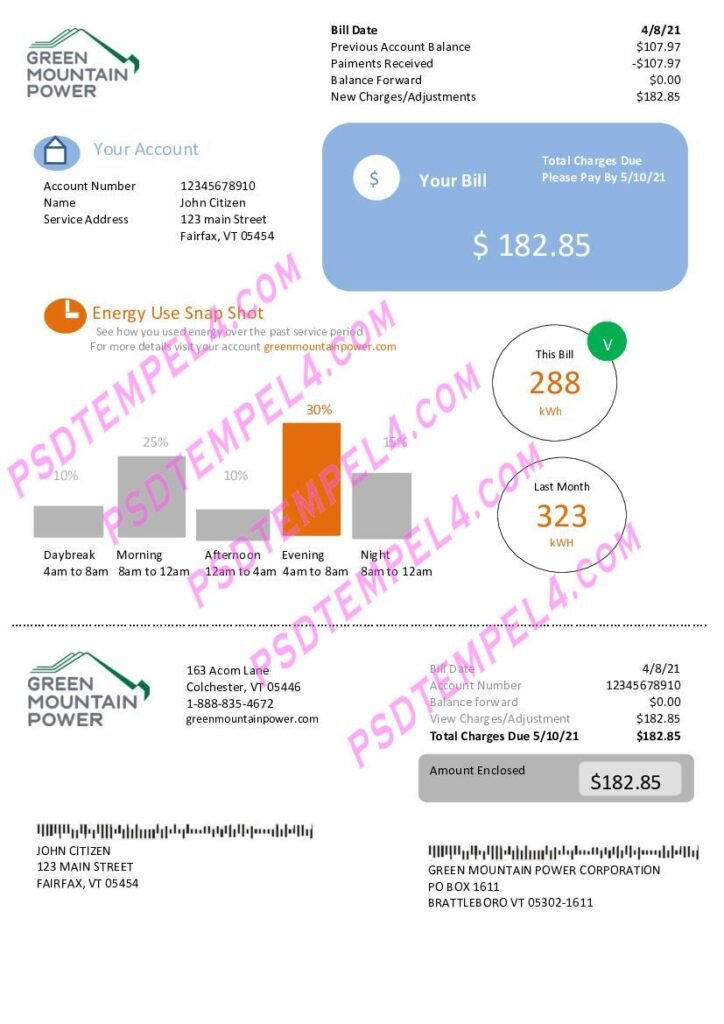USA Vermont Green Mountain Power electricity utility bill