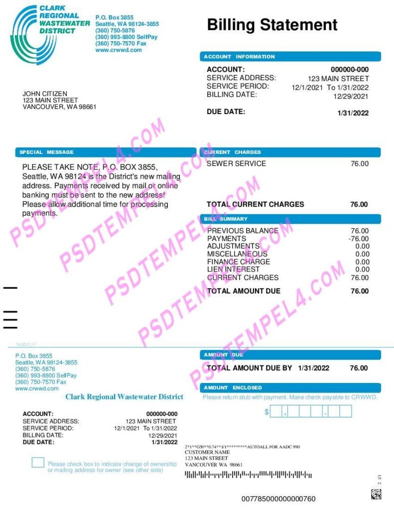 USA Washington Clark regional wastewater destrict utility bill