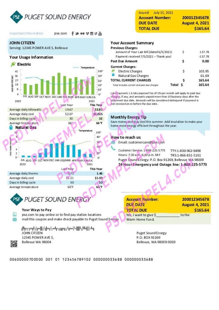 USA Washington Puget Sound Energy utility bill