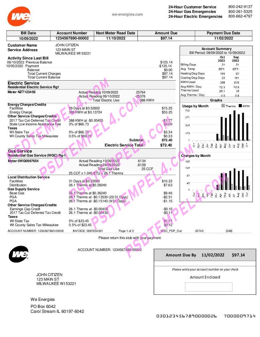 USA Wisconsin We Energies electricity utility bill