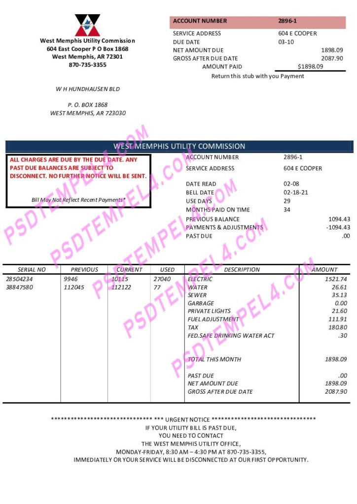 USA arkansas west memphis utility bill
