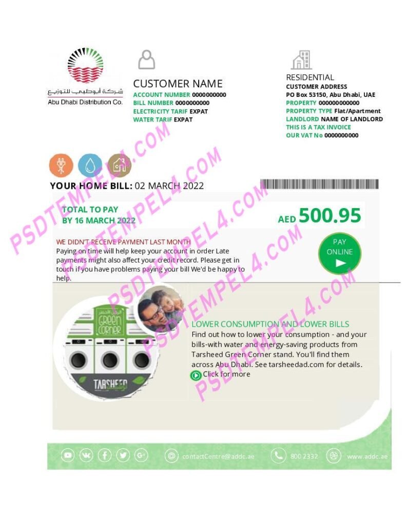 UAE United Arab Emirates Abu Dhabi Distribution Co utility bill