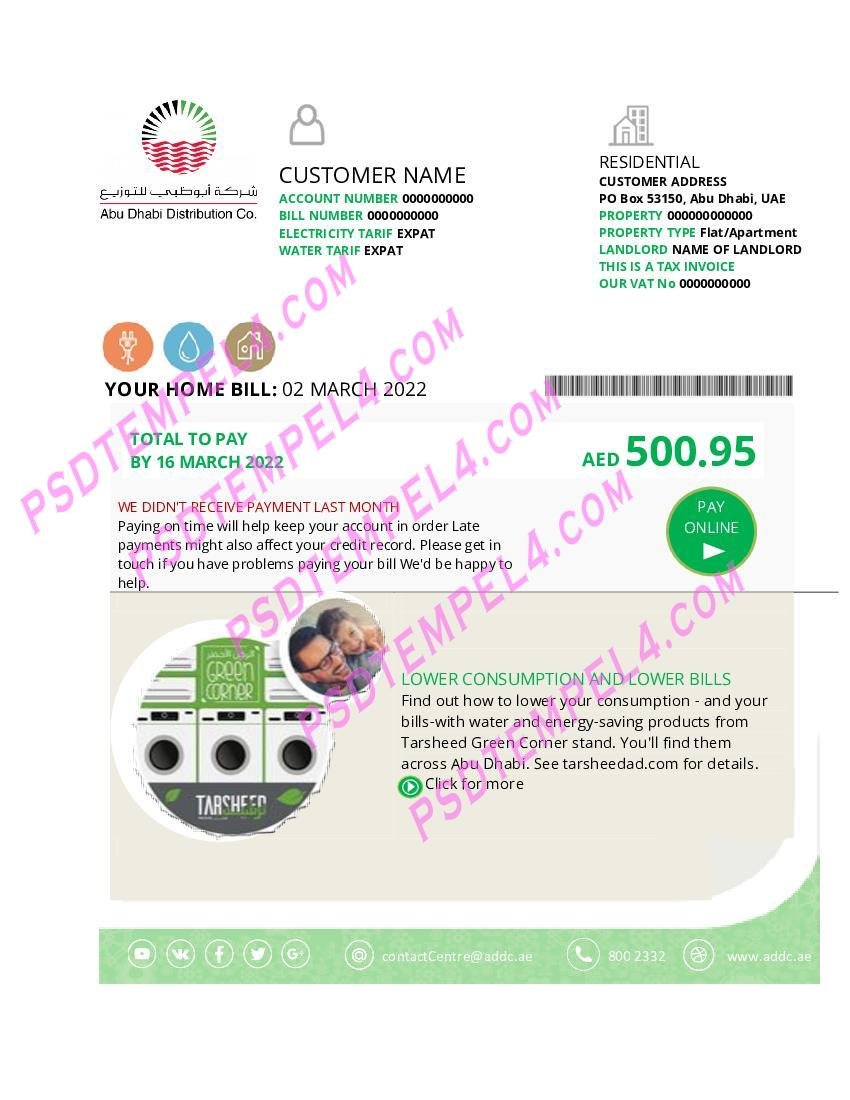 UAE United Arab Emirates Abu Dhabi Distribution Co utility bill