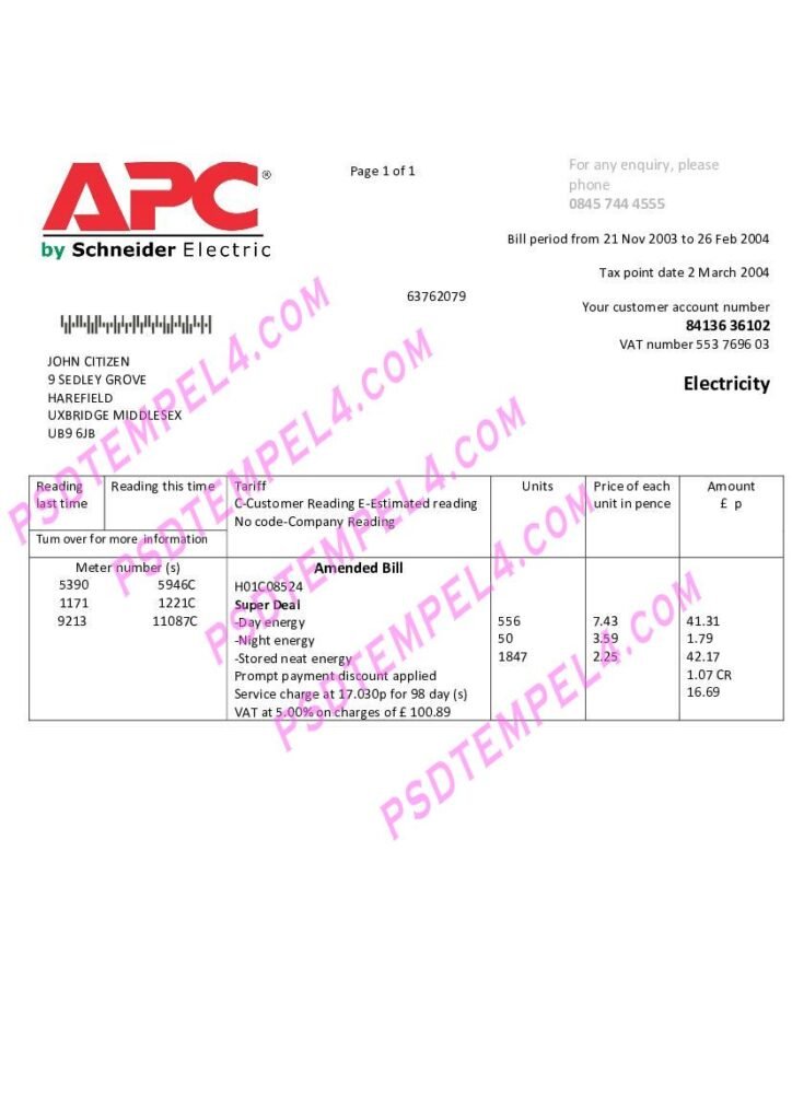 UK United Kingdom APC electricity utility bill