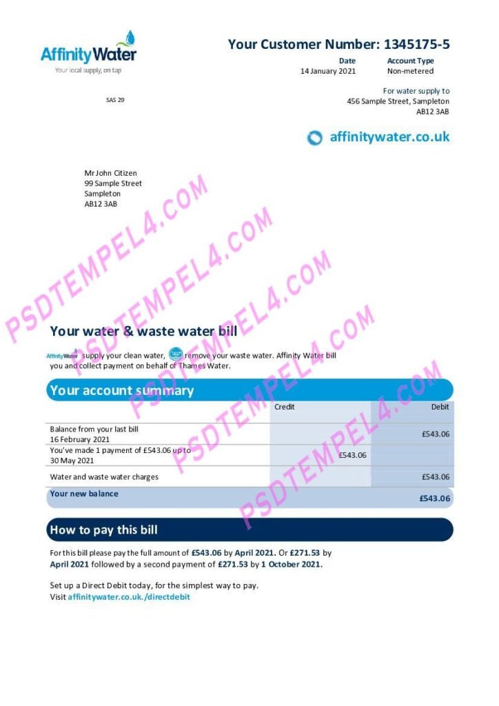 UK United Kingdom Affinity Water utility bill