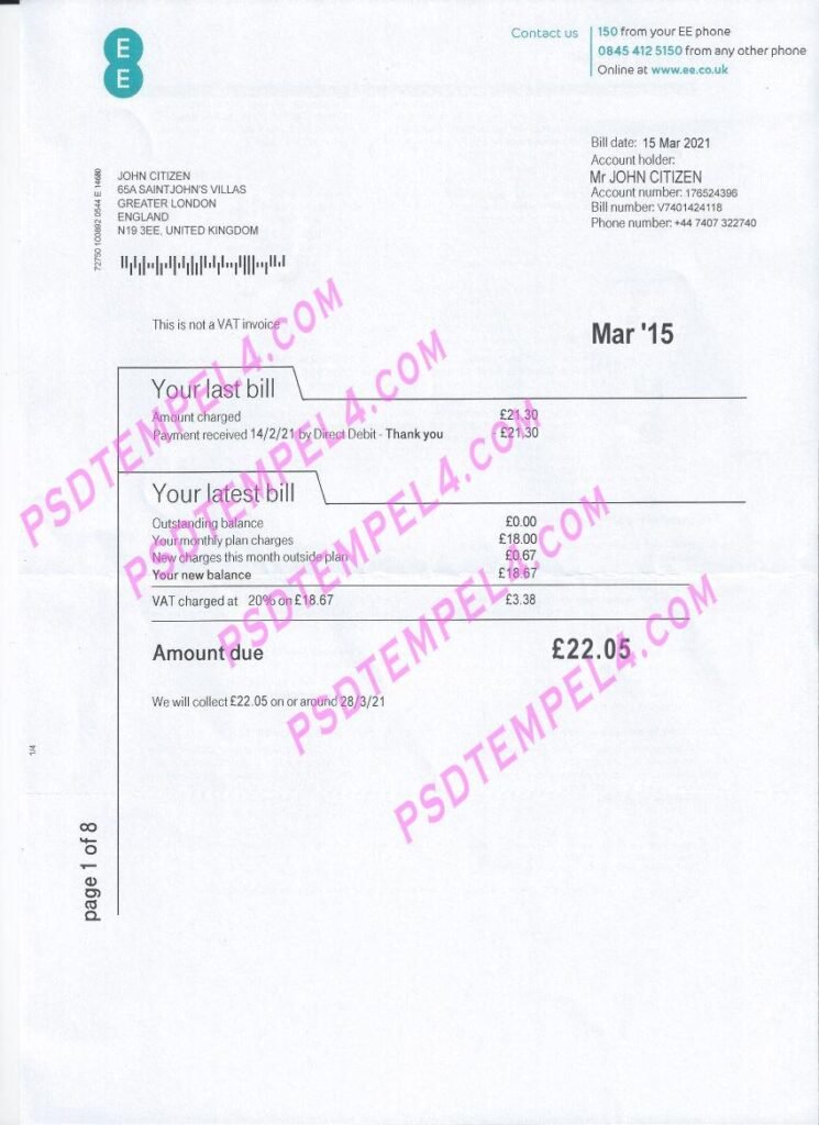 UK United Kingdom EE phone PSD utility bill