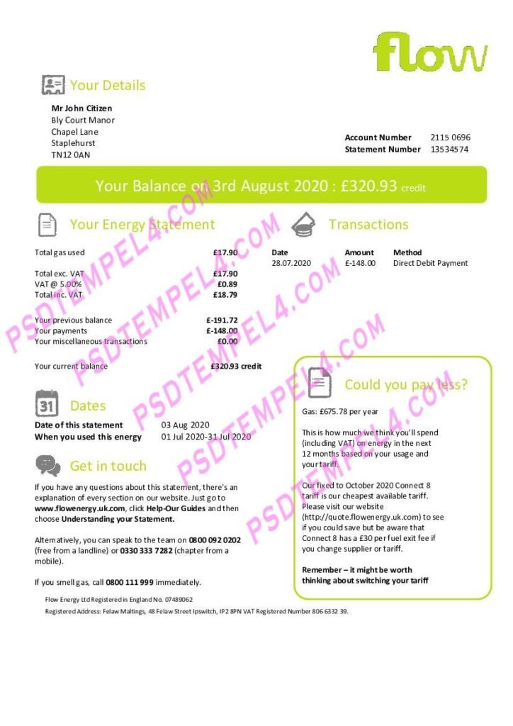 UK United Kingdom Flow Energy utility bill