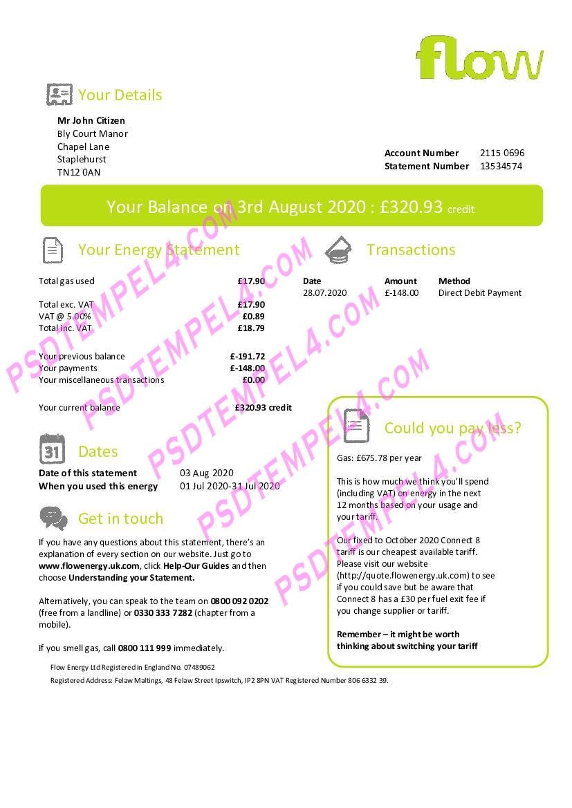 UK United Kingdom Flow Energy utility bill