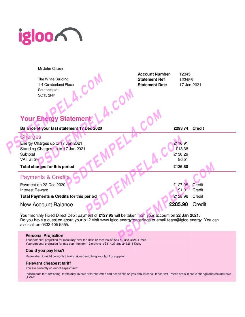 UK United Kingdom Igloo Energy utility bill