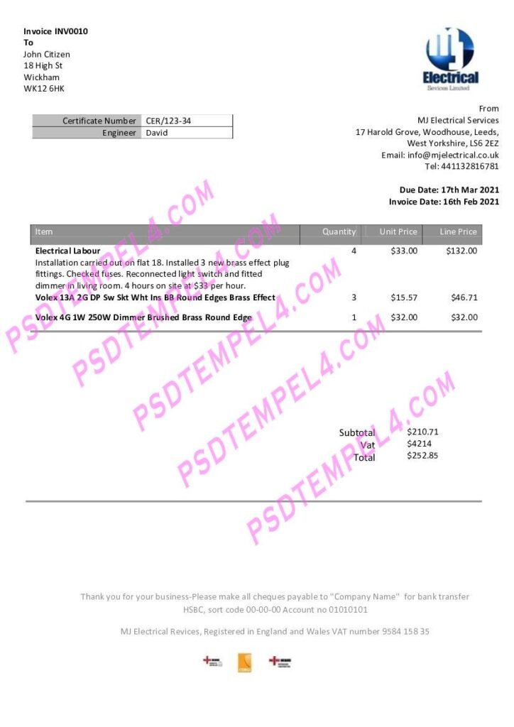 UK United Kingdom MJ Electrical proof of address utility bill