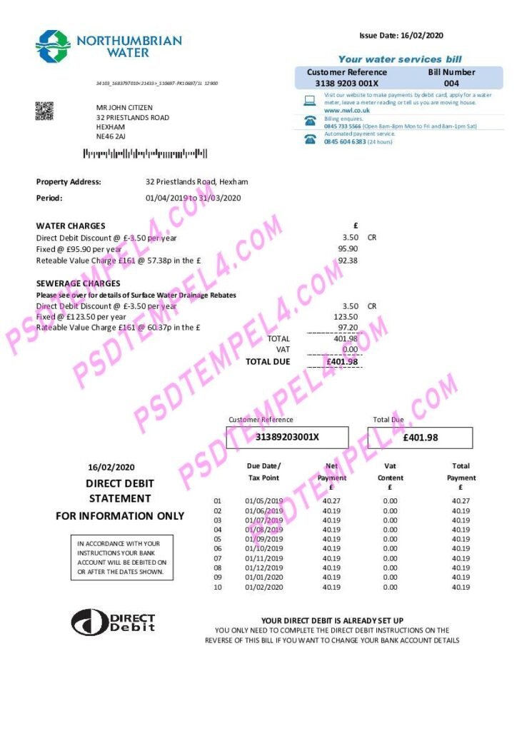 UK United Kingdom Northumbrian Water V1 utility bill