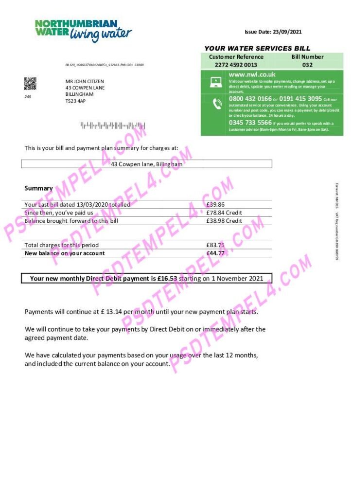 UK United Kingdom Northumbrian Water V2 utility bill