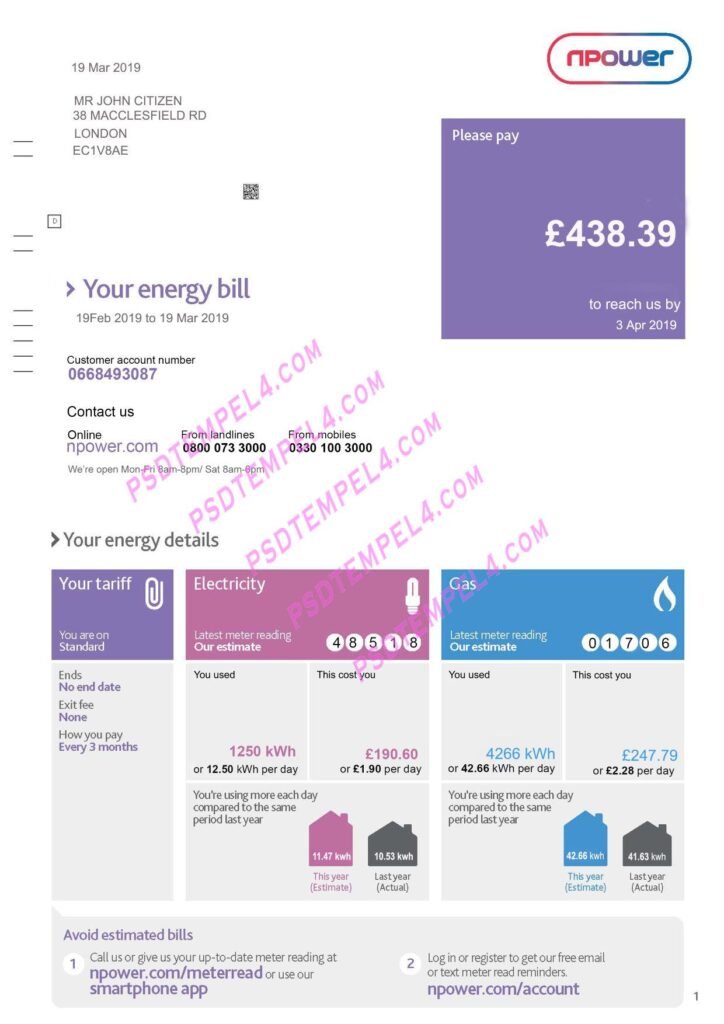 UK United Kingdom Npower PSD utility bill