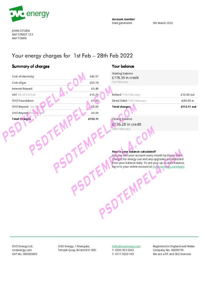 UK United Kingdom Ovo Energy electricity utility bill