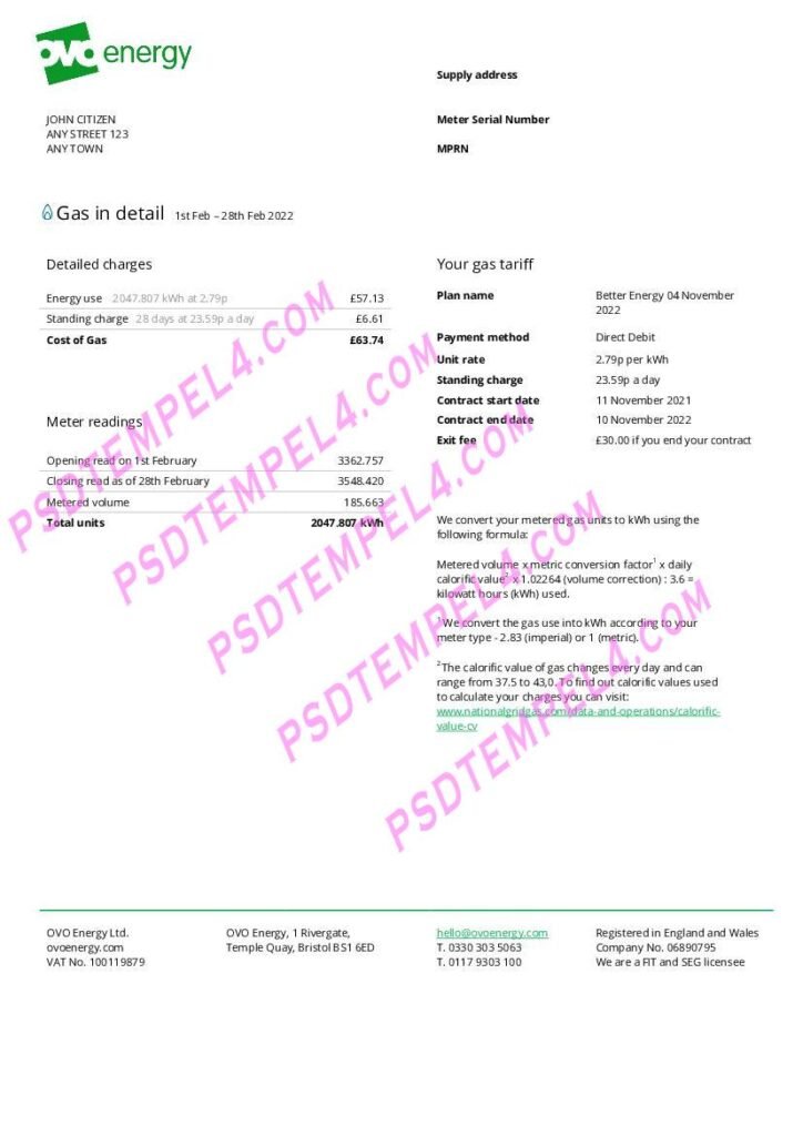 UK United Kingdom Ovo Energy utility bill