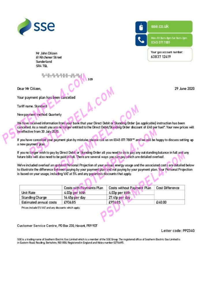 UK United Kingdom SSE Energy V1 utility bill