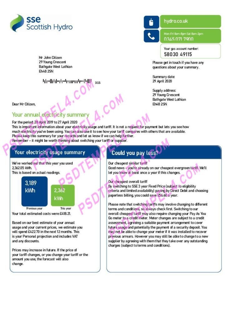 UK United Kingdom SSE Energy V2 utility bill
