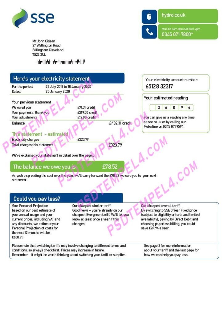 UK United Kingdom SSE Energy V3 utility bill