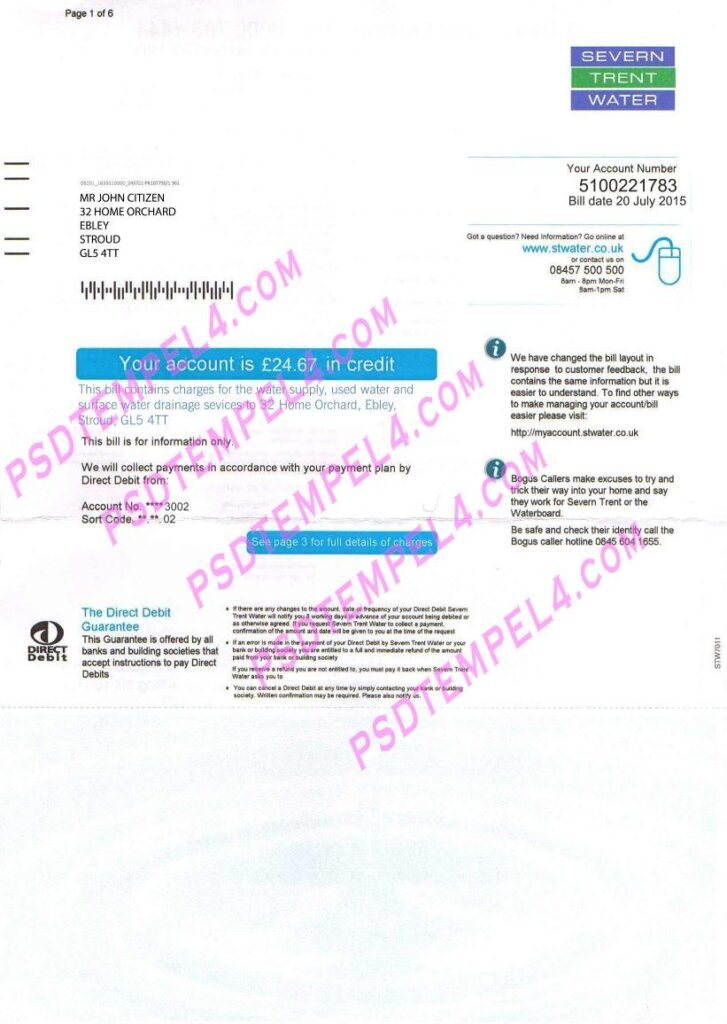 UK United Kingdom Severn Trent Water PSD utility bill