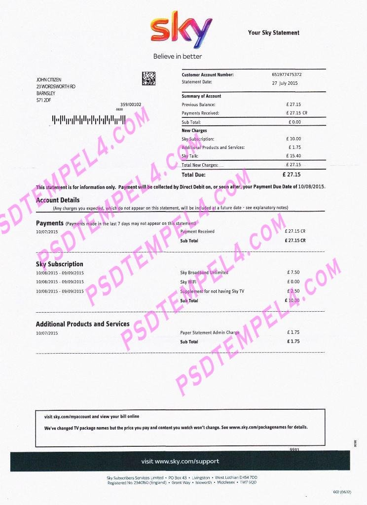 UK United Kingdom Sky PSD utility bill