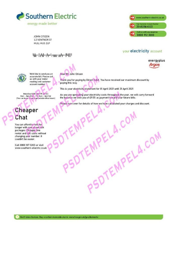 UK United Kingdom Southern Electric proof of address utility bill