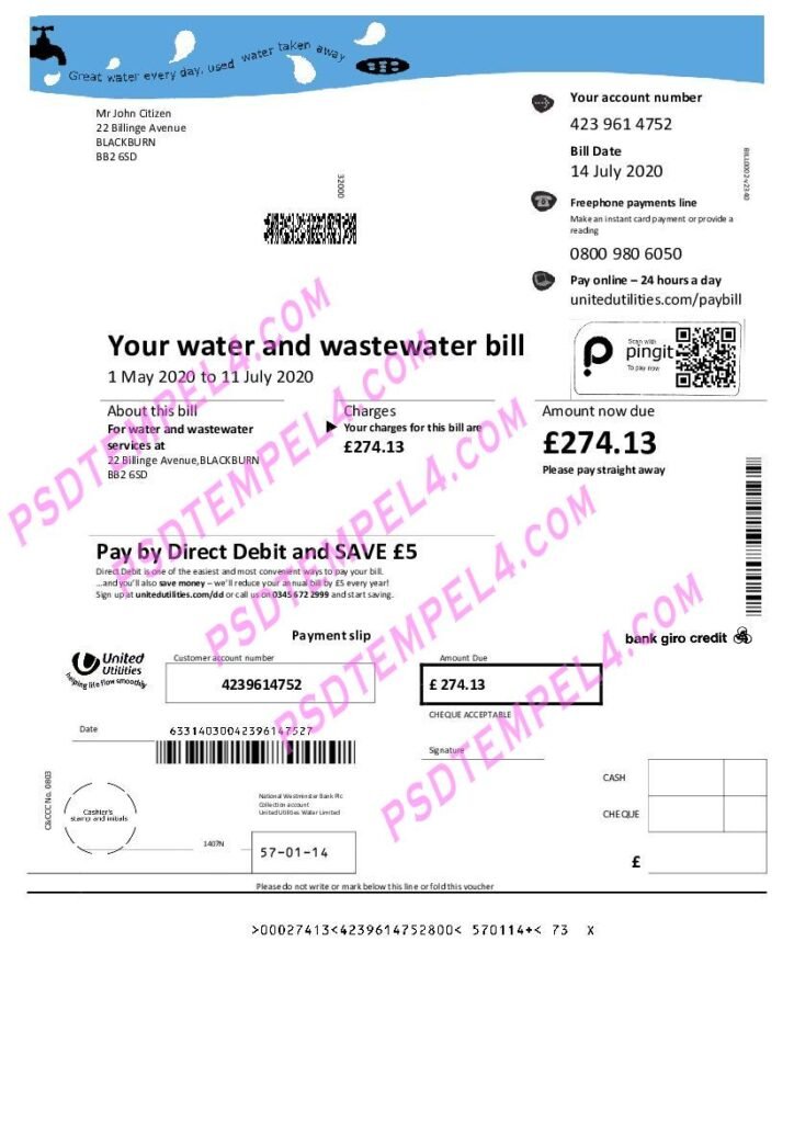 UK United Kingdom United Utilities water utility bill