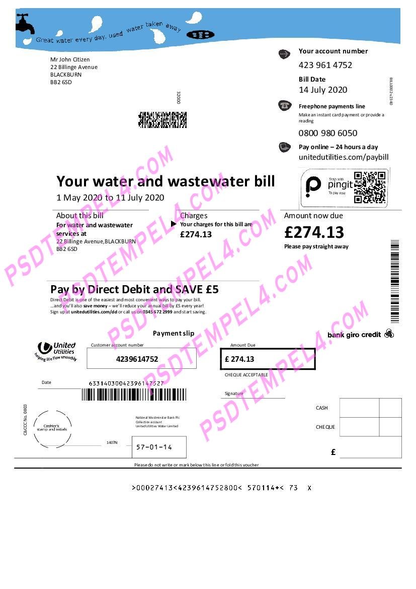 UK United Kingdom United Utilities water utility bill