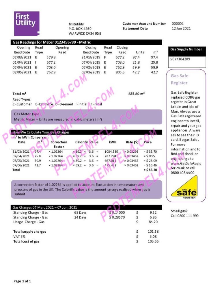 UK United Kingdom Warwick First utility bill