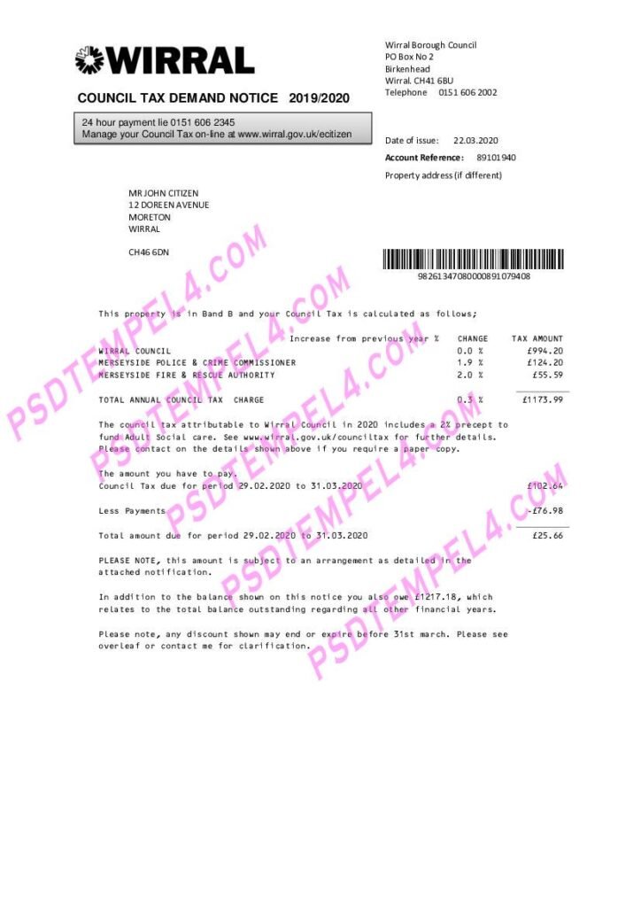 UK United Kingdom Wirral council tax utility bill