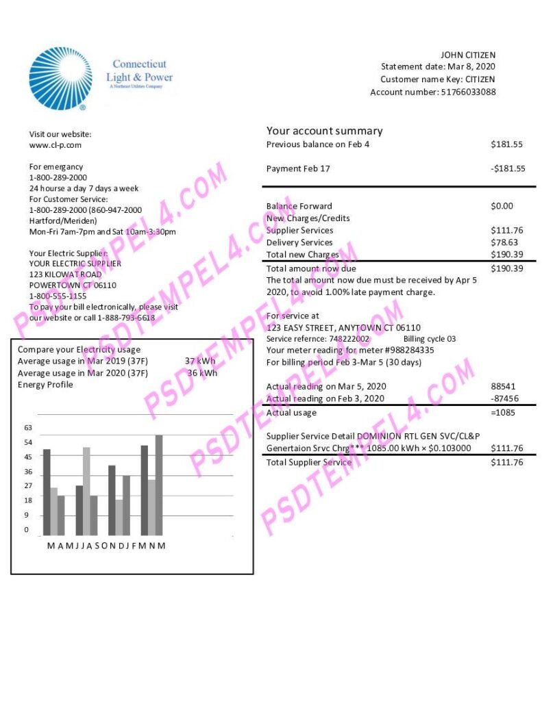 usa connecticut light power electricity utility bill