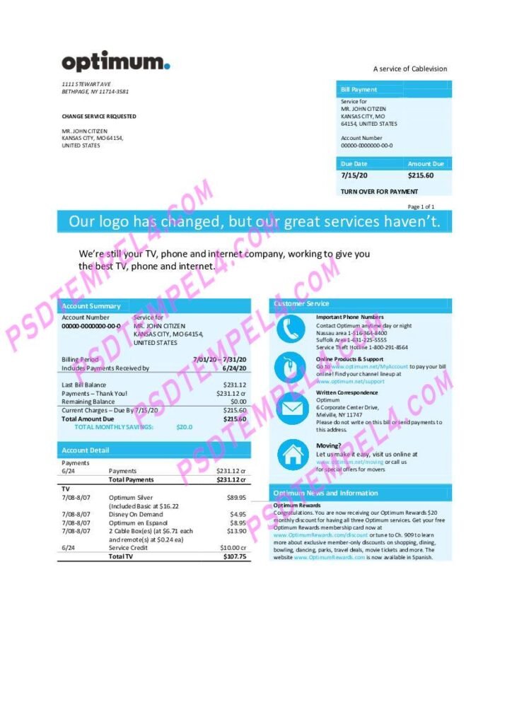 usa new york optimum cablevision utility bill
